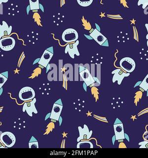 Niedliche kindliche nahtlose Muster aus Weltraum-Elemente, Rakete, austronaut, Stern, Satellit. Handgezeichnete Cartoon Kinder Stil. Vektor-Illustration für Stoff, Textil, Tapete, Hintergrund. Stock Vektor