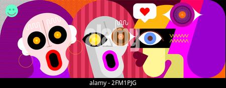 Zwei schockierte Frauen und zwei ruhige Männer. Flaches Design Nahaufnahme Vektor-Porträt von Gruppe von Menschen. Stock Vektor