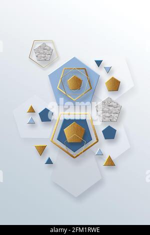 3d-Illustration, mehrfarbige Fünfecke und fünfeckige Rahmen auf weiß-blauem Hintergrund Stockfoto