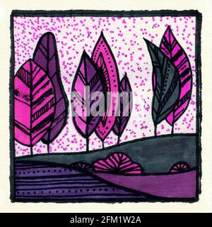 Abstrakte dekorative Landschaft Aquarell Illustration. Ruhiger Aquarell-Hintergrund mit Bäumen, Büschen und Hügeln. Aquarellmalerei mit schwarzer Farbkontur und Mustern. Poster, Hintergrund, Karte. Stockfoto