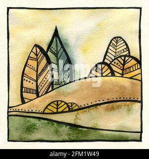 Abstrakte dekorative Landschaft Aquarell Illustration. Ruhiger Aquarell-Hintergrund mit Bäumen, Büschen und Hügeln. Aquarellmalerei mit schwarzer Farbkontur und Mustern. Poster, Hintergrund, Karte. Stockfoto