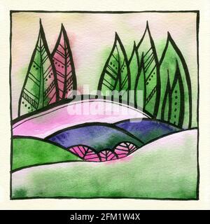 Abstrakte dekorative Landschaft Aquarell Illustration. Ruhiger Aquarell-Hintergrund mit Bäumen, Büschen und Hügeln. Aquarellmalerei mit schwarzer Farbkontur und Mustern. Poster, Hintergrund, Karte. Stockfoto