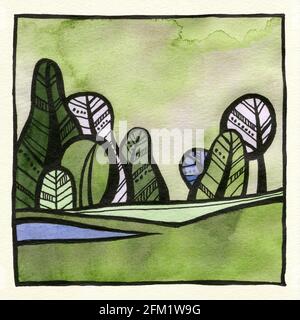 Abstrakte dekorative Landschaft Aquarell Illustration. Ruhiger Aquarell-Hintergrund mit Bäumen, Büschen und Hügeln. Aquarellmalerei mit schwarzer Farbkontur und Mustern. Poster, Hintergrund, Karte. Stockfoto
