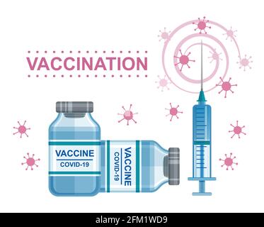 Coronavirus-Impfung. Covid-19-Impfstoff, Spritzeninjektion. Dosis Medikamentenlösung in der Flasche. Immunität Gesundheit, Immunisierung. Viren verhindern. Vektor Stock Vektor