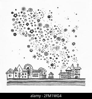 Abstrakte dekorative Landschaft Aquarell Illustration. Ruhiger Aquarell-Hintergrund mit Bäumen, Büschen und Hügeln. Aquarellmalerei mit schwarzer Farbkontur und Mustern. Poster, Hintergrund, Karte. Stockfoto