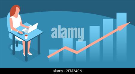 Eine moderne Frau arbeitet an einem Laptop im Büro. Sitzt am Tisch. Diagramm für das finanzielle Wachstum. Illustration Banner mit blauem Hintergrund. Isometrischer Stil. Stockfoto