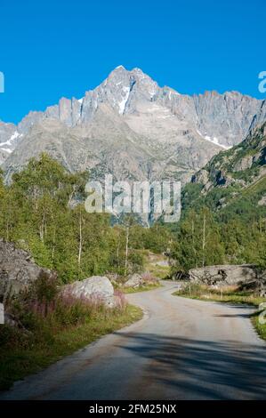 Barre des Ecrins (4102 M) im Sommer von der D530 aus gesehen, Saint-Christophe-en-Oisans, Ecrins National Park, Isere (38), Auvergne-Rhone-Alpes Stockfoto