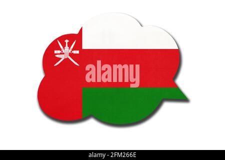 3d-Sprechblase mit omanischer Nationalflagge auf weißem Hintergrund isoliert. Sprechen und lernen Sie Arabisch. Symbol des Sultanats des Landes Oman. World CO Stockfoto