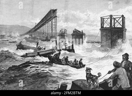 Katastrophe Bei Der Tay Bridge. Illustration aus den Illustrated London News vom Januar 1880 mit dem Titel „Steam Launches and Divers“ Barge Employed in Search“. Stockfoto