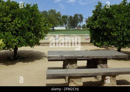 IRVINE, KALIFORNIEN - 1. MAI 2021: Picknick-Tisch im Orange Grove auf dem Jeffrey Open Space Trail. Stockfoto