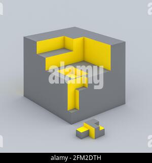 Geometrisches Muster mit kubischen Formen in Grau- und Gelbtönen. 3d-Rendering. Stockfoto