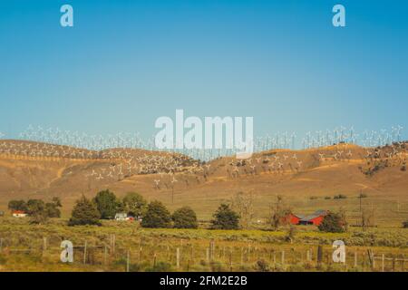 Stromerzeugungswindmühlen (Windturbinen) auf den Bergen in der Nähe von Palm Springs California, USA Stockfoto