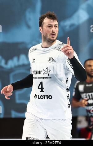 Nürnberg, Deutschland. Mai 2021. Handball: Bundesliga, HC Erlangen - THW Kiel, Matchday 28 in der Arena Nürnberger Versicherung. Domagoj Duvnjak vom THW Kiel feiert sein Ziel. Quelle: Daniel Karmann/dpa/Alamy Live News Stockfoto