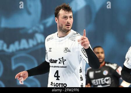 Nürnberg, Deutschland. Mai 2021. Handball: Bundesliga, HC Erlangen - THW Kiel, Matchday 28 in der Arena Nürnberger Versicherung. Domagoj Duvnjak vom THW Kiel feiert sein Ziel. Quelle: Daniel Karmann/dpa/Alamy Live News Stockfoto