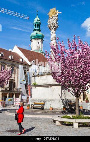 Di r (Hauptplatz) von Sopron mit der Statue der Heiligen Dreifaltigkeit und dem Feuerwachturm während des Wiederaufbaus des Museumsviertels, Sopron, Ungarn Stockfoto