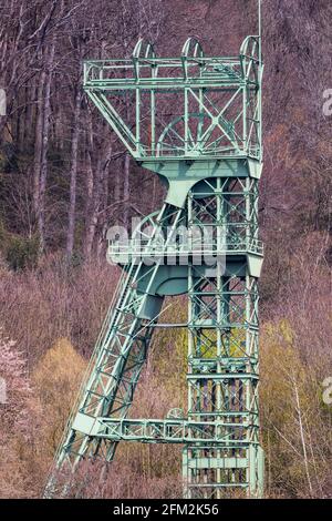 Kopfgestell der ehemaligen Zeche Carl Funke, Essen-Heisingen, Essen, Ruhrgebiet, Nordrhein-Westfalen, Deutschland Stockfoto