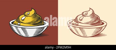 Senf oder würzige Würze. Dip- oder Dip-Sauce. Illustration für Vintage Hintergrund oder Poster. Eingravierte, handgezeichnete Skizze. Stock Vektor