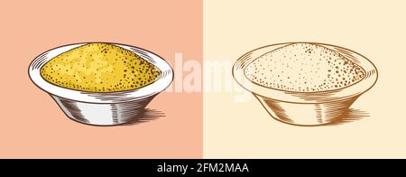 Senf oder würzige Würze. Dip- oder Dip-Sauce. Illustration für Vintage Hintergrund oder Poster. Eingravierte, handgezeichnete Skizze. Stock Vektor