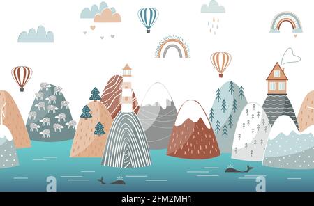 Niedliches, nahtloses Landschaftsmuster mit Meereswellen, Bergen, Leuchtturm, Wolken und Regenbögen. Reisekonzept, horizontales Poster für Kinder. Horizontal Stock Vektor