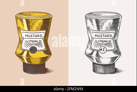 Senfverpackung. Sauce in einer Flasche mit Etikett. Würzige Würze. Illustration für Vintage Hintergrund oder Poster. Eingravierte, handgezeichnete Skizze. Stock Vektor