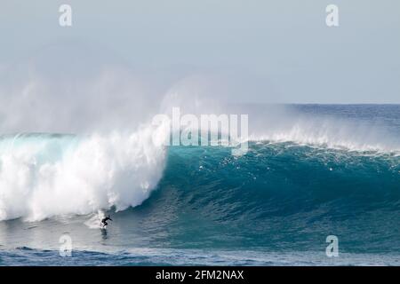 SYDNE, AUSTRALIEN - 25. Mai 2016: Australischer Surfer, der am Coogee Beach zwischen den Stränden Bondi und Maroubra südlich von Sydney EINE riesige Welle absteigt Stockfoto