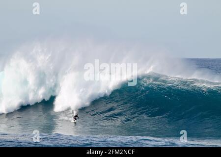 SYDNE, AUSTRALIEN - 25. Mai 2016: Australischer Surfer, der am Coogee Beach zwischen den Stränden Bondi und Maroubra südlich von Sydney EINE riesige Welle absteigt Stockfoto