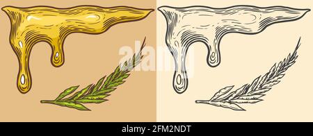 Tropfender Senf oder würzige Sauce. Spritzflüssigkeit. Heiße Gewürze. Illustration für Vintage Hintergrund oder Poster. Eingravierte, handgezeichnete Skizze. Stock Vektor