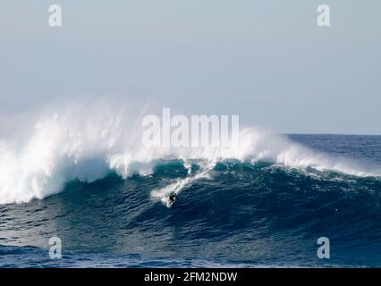 SYDNE, AUSTRALIEN - 25. Mai 2016: Australischer Surfer, der am Coogee Beach zwischen den Stränden Bondi und Maroubra südlich von Sydney EINE riesige Welle absteigt Stockfoto