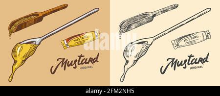 Tropfender Senf oder würzige heiße Würze. Spritzflüssigkeit. Sauce und Samen auf einem Löffel. Illustration für Vintage Hintergrund oder Poster. Gravierte Hand Stock Vektor