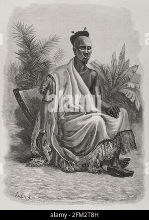 Ngalyema, Chef von Kintamo (einem Dorf am Südufer des Kongo). Hochformat. Stich von Pedro Mullor. El Congo y la Creación del Estado Independiente de este nombre. Historia de los trabajos y Exploraciones Verificados (der Kongo und die Gründung seines Freistaates. A Story of Work and Exploration), von Henry M. Stanley. Herausgegeben in Barcelona, um 1890. Spanien. Stockfoto