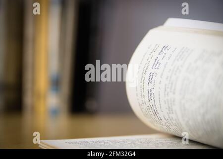 Nahaufnahme der gedruckten Seiten eines Lesebuches, offen für jede Seite, im Hintergrund einige andere unfokussierte Bücher, mit Kopierraum Stockfoto