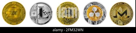 Krypto-Währungsmünzen Panorama, Gold- und Silbermünzen, Bitcoin monero Litecoin Welligkeit Strich, isoliert auf weißem Hintergrund Stockfoto