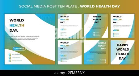 World Health Day Design mit Social Media Post Vorlage. Set von Social Media Post Vorlage mit geometrischen blau und gelb Design. Gute Vorlage für uns Stock Vektor