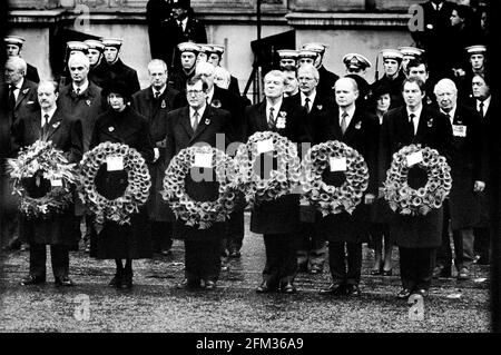 Gedenksonntag 1998. November John Prescott MP, Edward Heath, Gordon Brown MP, Tony Blair MP, Magaret Thatcher, Parlamentsmitglied von William Hague, John Major, Paddy Ashdown, Ian Paisley, David Trimble und Robin Cook Stockfoto