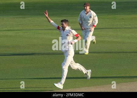 Jimmy Anderson von Lancashire feiert die Einnahme des Dickens von Aaron Beard während Essex CCC gegen Lancashire CCC, Specsavers County Championship Division 1 Stockfoto