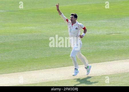 James Anderson von Lancashire feiert die Teilnahme am Wicket von Tom Westley während der Essex CCC gegen Lancashire CCC, Specsavers County Championship Division 1 Stockfoto