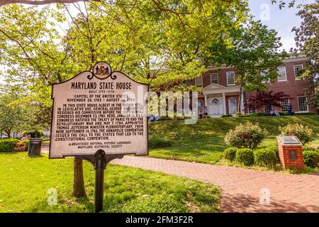 Annapolis, MD, USA 05-02-2021: Historisches Gebäude des Maryland State Capitol in Annapolis, dem ältesten Staatshaus, das noch in Gebrauch ist. Es befindet sich in einem sc Stockfoto