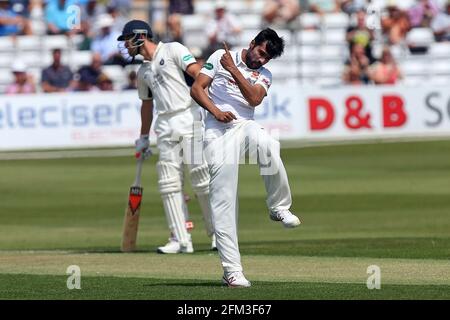 Mohammad Amir von Essex behauptet das Wicket von Nick Gubbins während des Essex CCC gegen Middlesex CCC, Specsavers County Championship Division 1 Cricket beim C Stockfoto