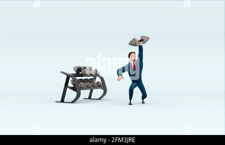 Cartoon Mann im Anzug liebt Fitness und hebt die Hantel mit einer Hand 3D-Illustration Stockfoto