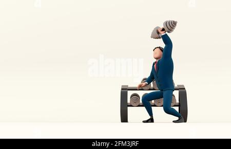 Cartoon Mann im Anzug liebt Fitness und hebt die Hantel mit einer Hand 3D-Illustration Stockfoto