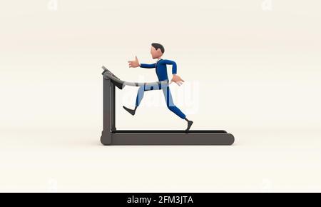 Cartoon Mann im Anzug liebt Fitness und läuft auf dem Laufband 3D-Illustration Stockfoto