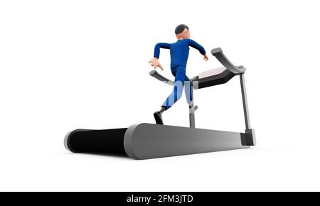 Cartoon Mann im Anzug liebt Fitness und läuft auf dem Laufband 3D-Illustration Stockfoto