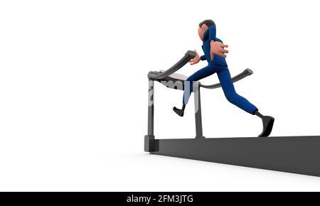 Cartoon Mann im Anzug liebt Fitness und läuft auf dem Laufband 3D-Illustration Stockfoto