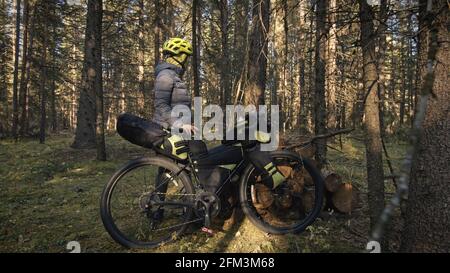 Die Frau reist auf gemischtem Terrain mit Bikepacking. Die Reise des Reisenden mit Fahrradtaschen. Magischer Waldpark. Stockfoto