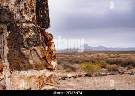 Blick vorbei an versteinertem Holzkamin zu Bergkette in Big Bend National Park Stockfoto