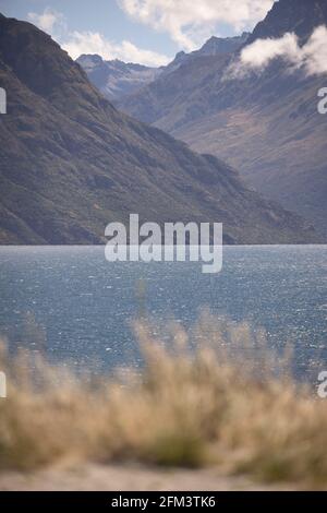 Gras, Wolken, Blue Hills und der Clutha River, Central Otago District, South Island, Neuseeland Stockfoto