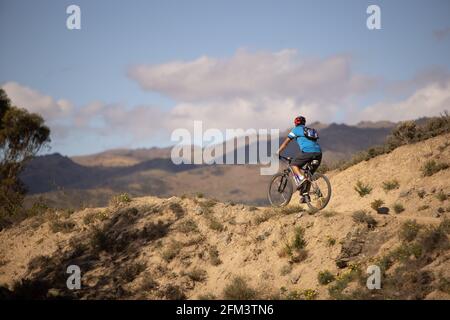 Male Mountain Biker fährt über die Brow of a Hill, Central Otago, Südinsel Neuseeland Stockfoto