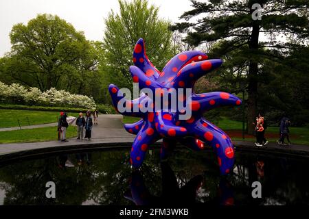 New York City, New York, Usa. Mai 2021. Besucher der New Yorker Botanischen Gärten in der Bronx genießen Yayoi Kusamas Skulptur „I Want to Fly to the Universe“ (2020), die Teil der Ausstellung „Kusama: Cosmic Infinity“ ist, die bis zum 31. Oktober auf dem Gelände zu sehen ist. Quelle: Adam Stoltman/Alamy Live News Stockfoto