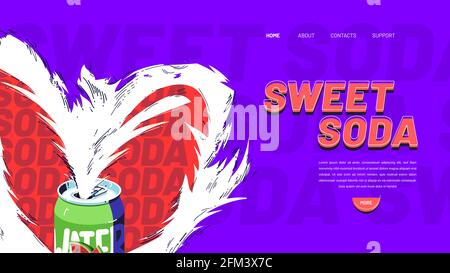 „Sweet Soda“-Banner. Website-Design von kohlensäurehaltigen Getränken mit Fruchtsaft. Vektor-Landing-Page mit flacher Illustration von Wassermelone-Getränk in Aluminium-Dose mit weißem Schaumstoff Spritzer auf lila Hintergrund Stock Vektor