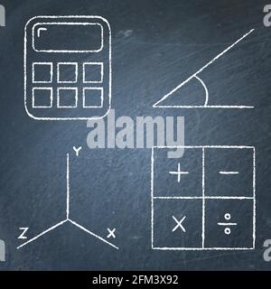 Symbole für Mathematik werden in Linienform auf dem Schwarzen Brett gesetzt. Grundlegende mathematische Operationen, Rechner, Achsen und Winkel. Vektorgrafik. Stock Vektor